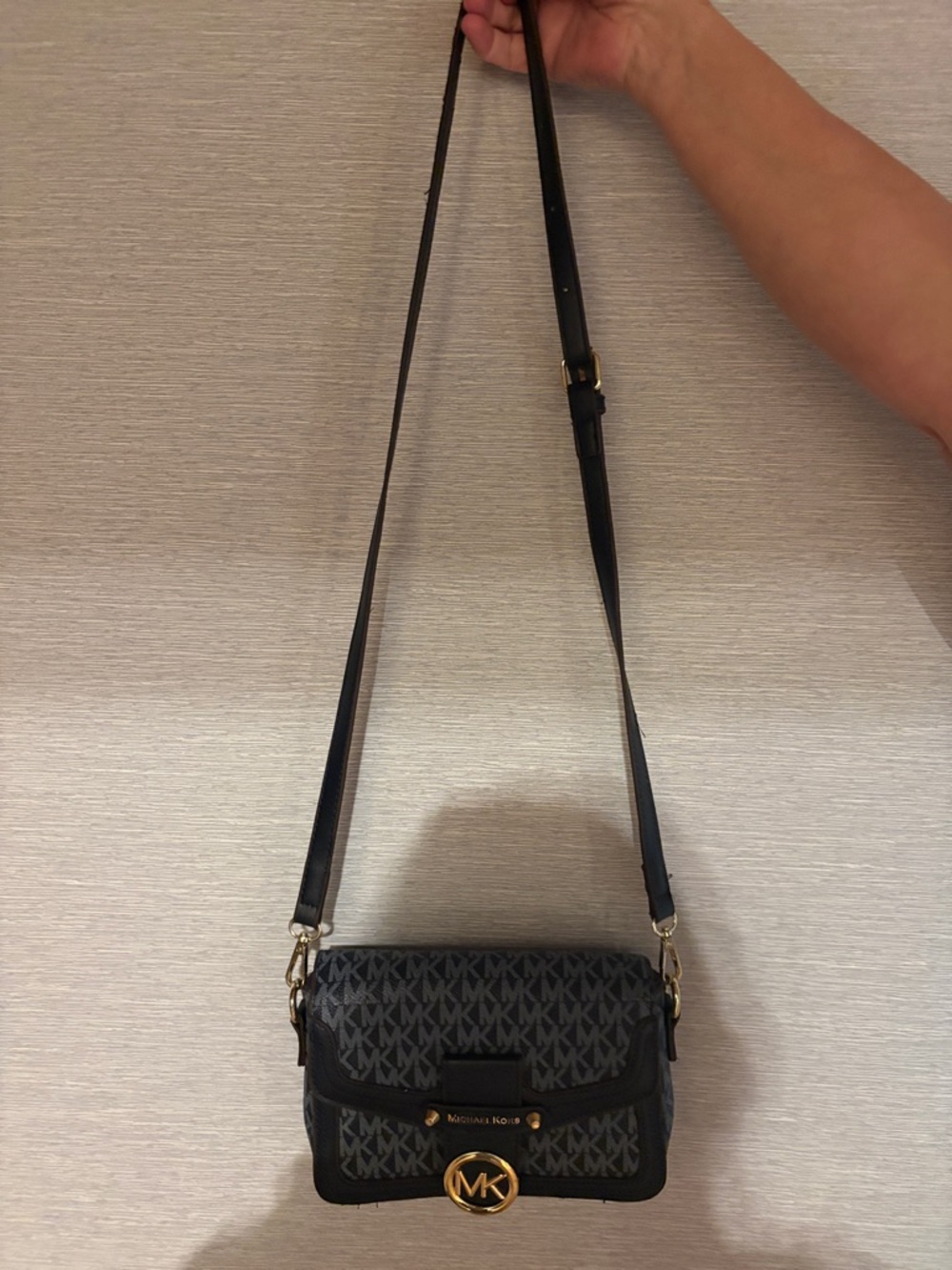 Michael Kors Navy Blue MK Signature Crossbody with Gold Hardware